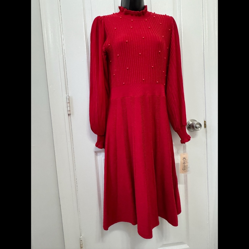 Nanette Lepore Red Ribbed A-Line Dress with Bishop Sleeves - Picture 5 of 6